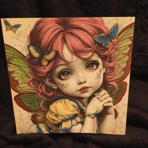Hand Crafted Pink-Haired Fairy Print with Blue Butterflies and Green Wings